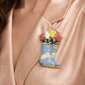 Blue Garden Boot with Tulips Brooch – Whimsical Floral Pin